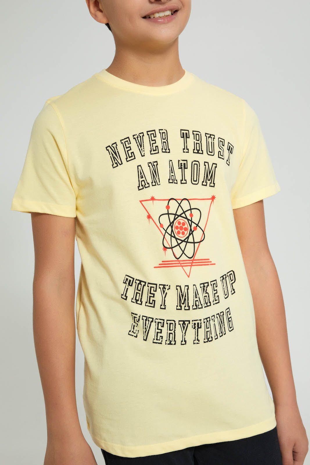 Redtag-Yellow-Never-Trust-An-Atom-T-Shirt-Graphic-Prints-Senior-Boys-9 to 14 Years