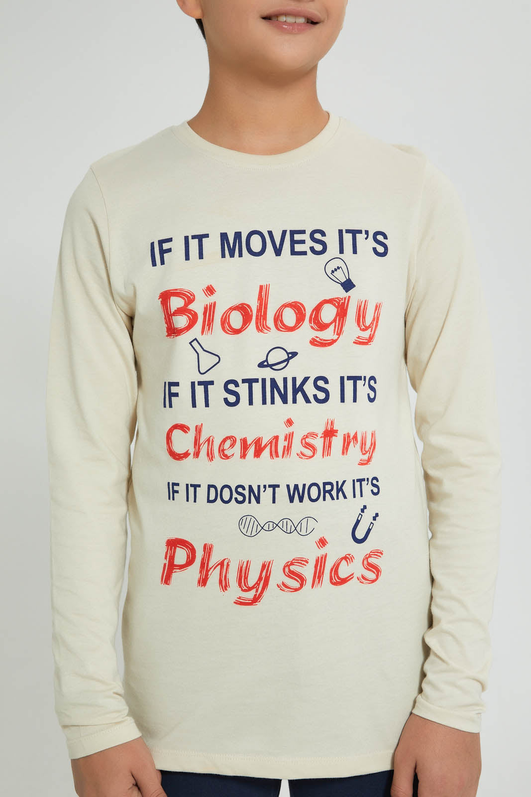 Redtag-Beige-Science-T-Shirt-Long-Sleeves-Senior-Boys-9 to 14 Years