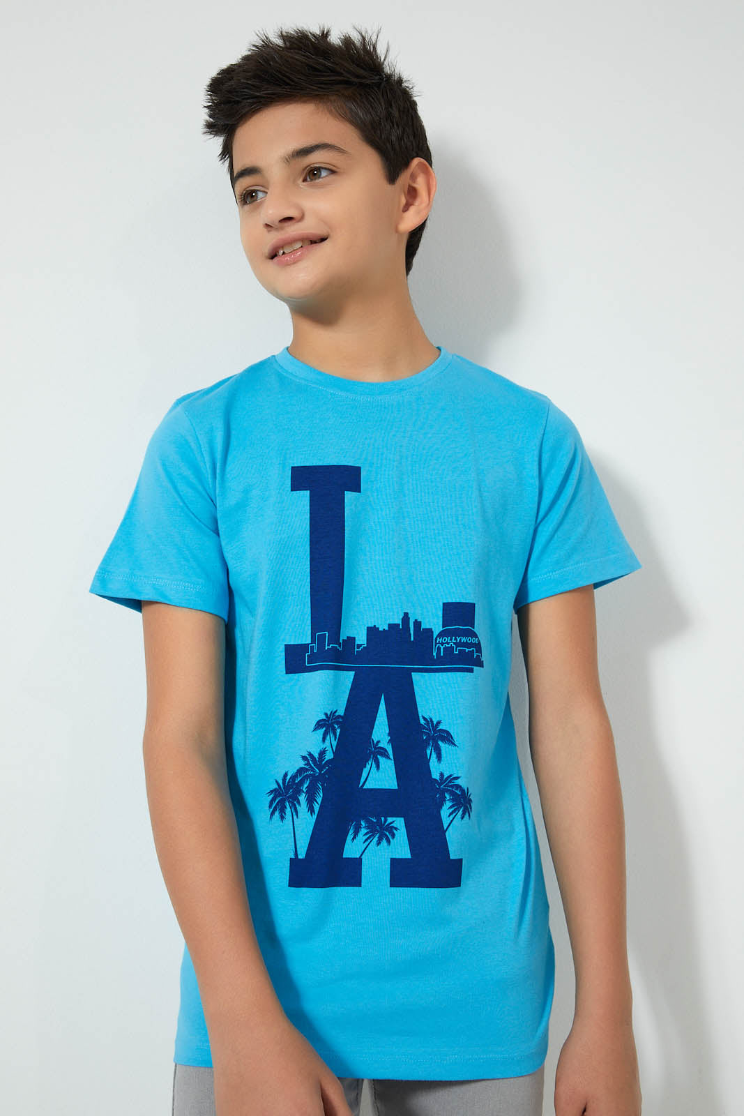 Redtag-Blue-La-T-Shirt-Graphic-Prints-Senior-Boys-9 to 14 Years