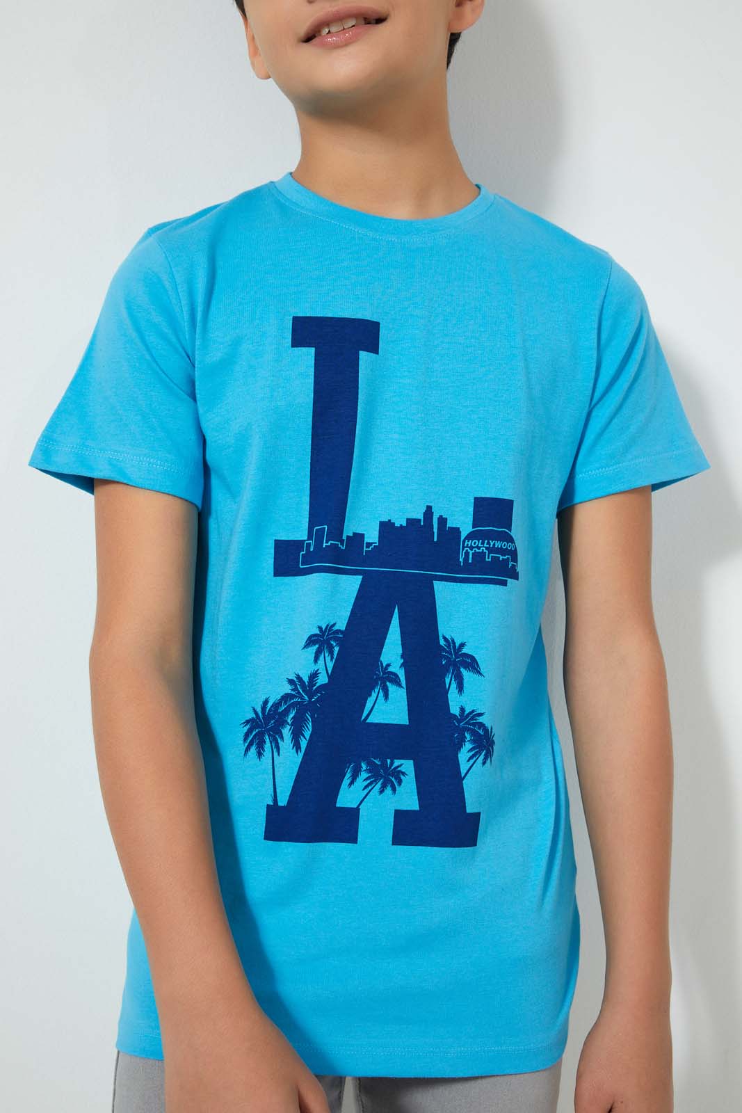 Redtag-Blue-La-T-Shirt-Graphic-Prints-Senior-Boys-9 to 14 Years