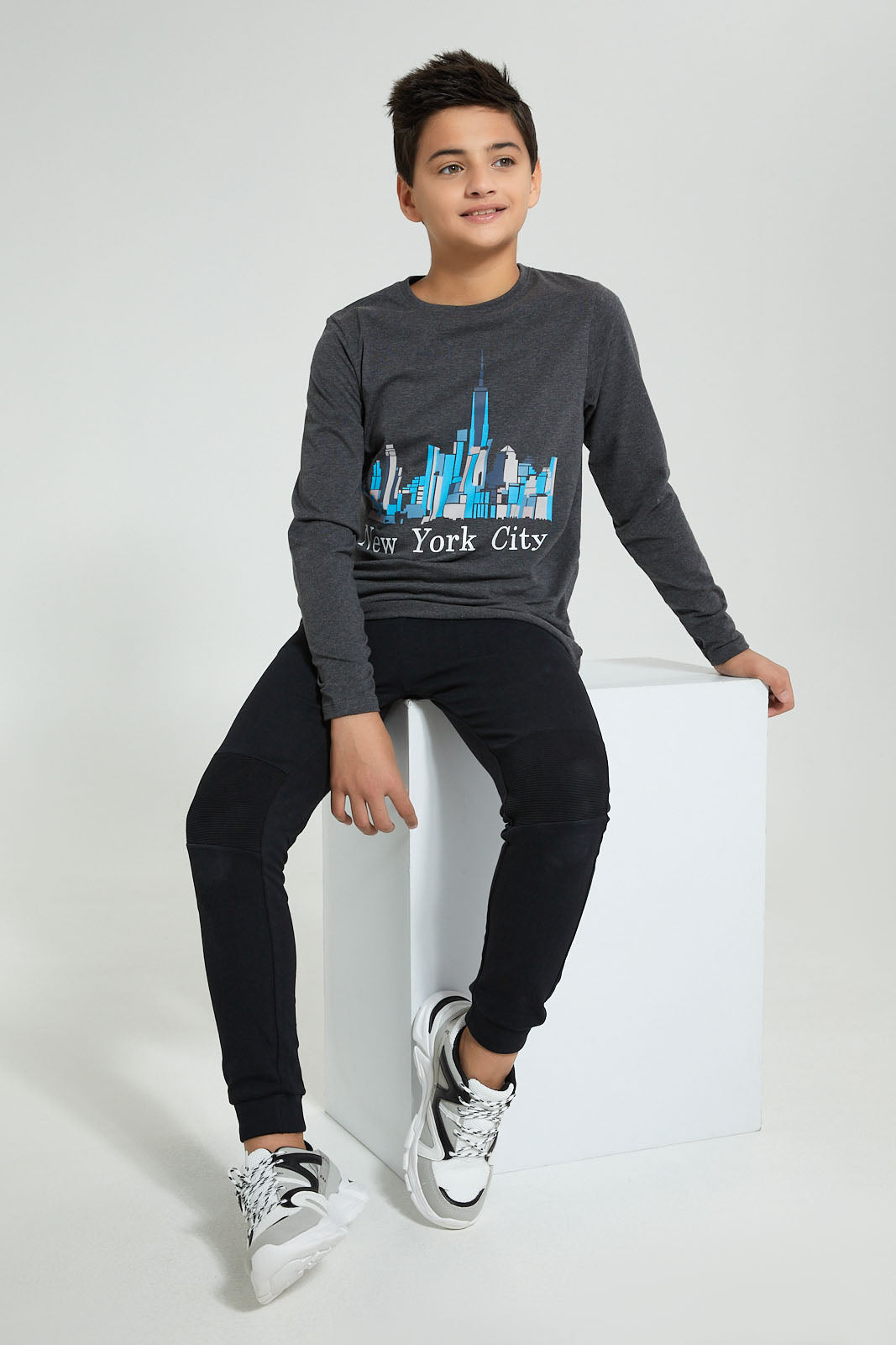 Redtag-Charcoal-New-York-T-Shirt-Long-Sleeves-Senior-Boys-9 to 14 Years