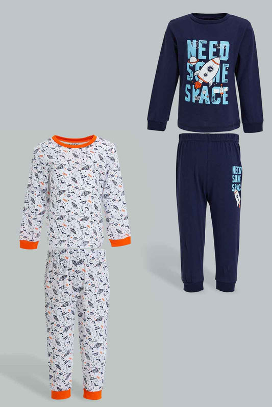 Redtag-Navy-And-White-Printed-Space-Pj-Set-4-Pack-Pyjama-Sets-Infant-Boys-3 to 24 Months