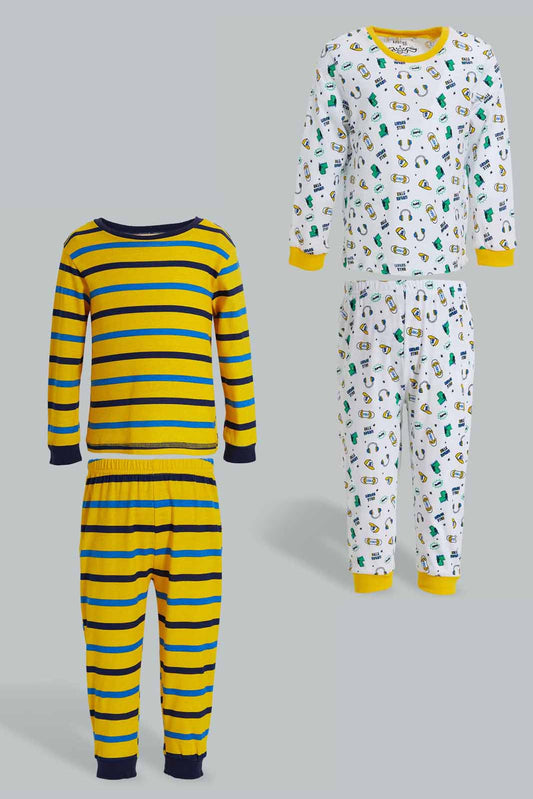 Redtag-Mustard-Striped-And-White-Muscl-Pj-Set-4-Pack-Pyjama-Sets-Infant-Boys-3 to 24 Months