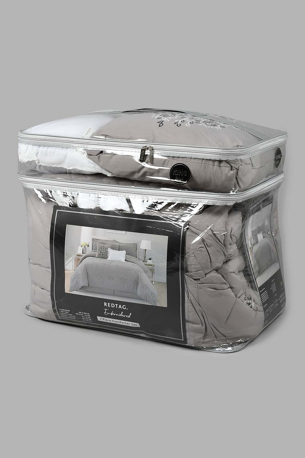 Redtag-Grey-Floral-7-Piece-Embroidery-Comforter-Set-
(King-Size)-Comforters-Home-Bedroom-