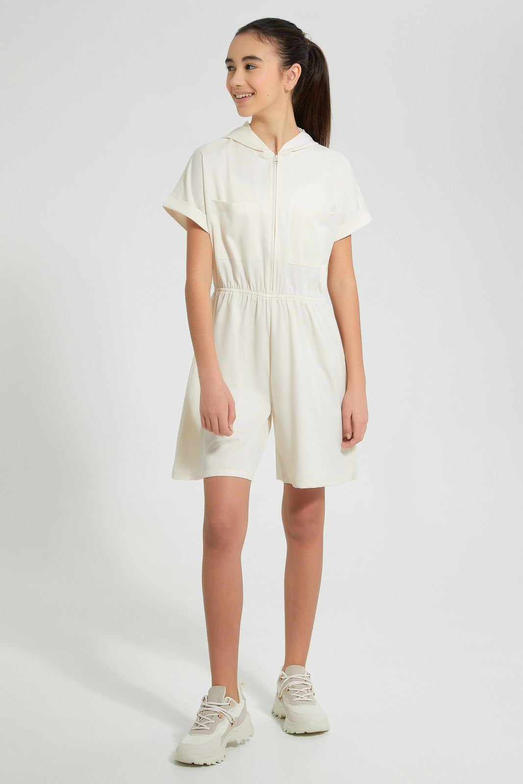 Redtag-Beige-Hooded-Playsuit-Dresses-Senior-Girls-9 to 14 Years