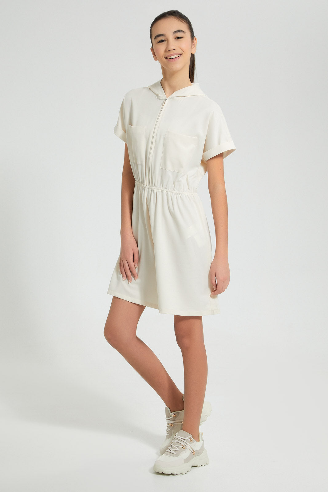 Redtag-Beige-Hooded-Playsuit-Dresses-Senior-Girls-9 to 14 Years