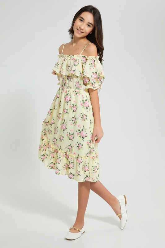 Redtag-Yellow-Floral-Off-Shoulder-Dress-Dresses-Senior-Girls-9 to 14 Years