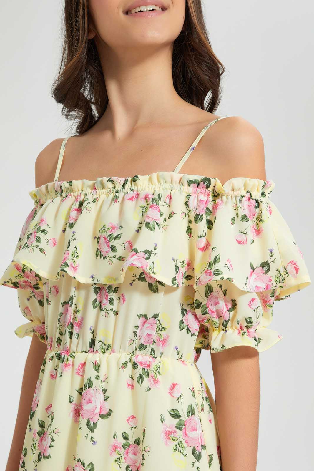 Redtag-Yellow-Floral-Off-Shoulder-Dress-Dresses-Senior-Girls-9 to 14 Years