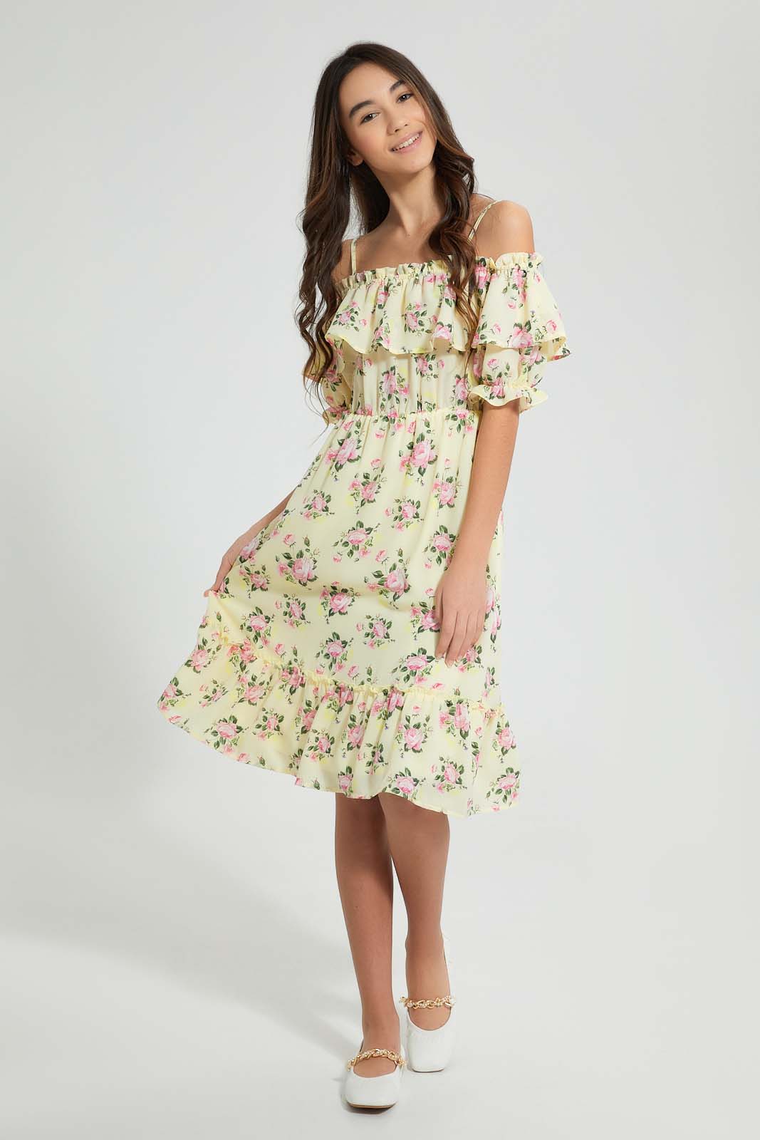 Redtag-Yellow-Floral-Off-Shoulder-Dress-Dresses-Senior-Girls-9 to 14 Years