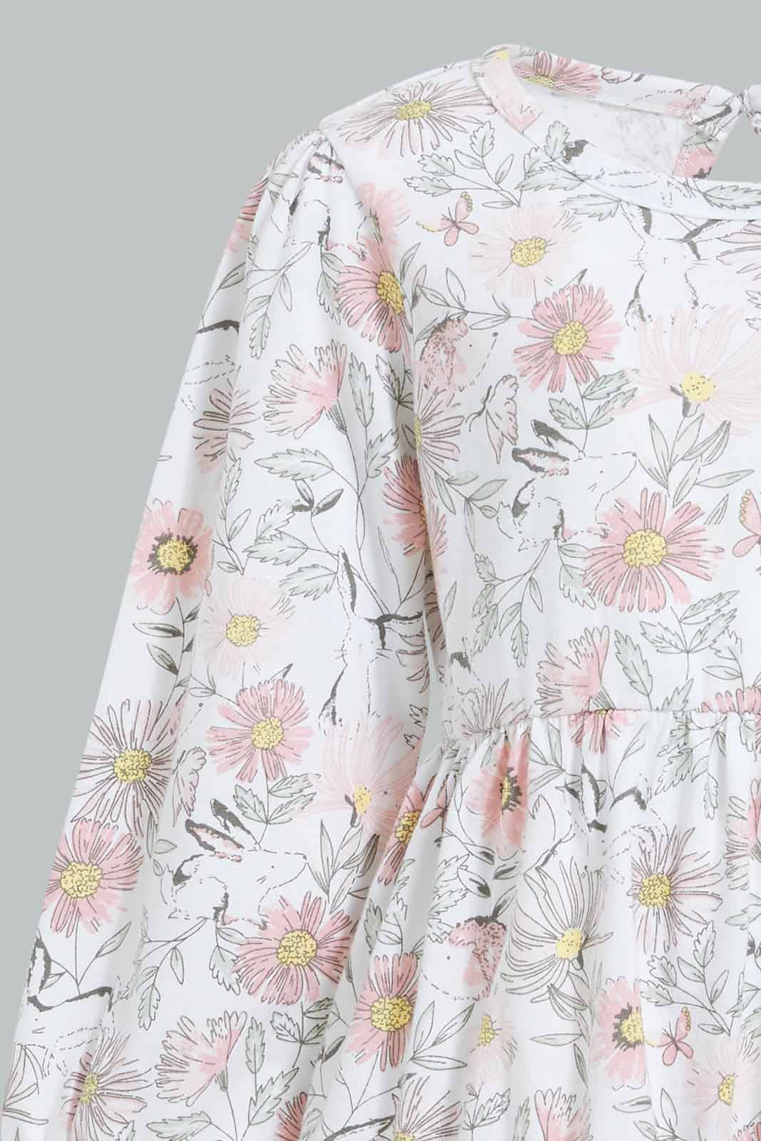 Redtag-White-Long-Sleeve-Floral-Printed-Knit-Dress-Dresses-Infant-Girls-3 to 24 Months