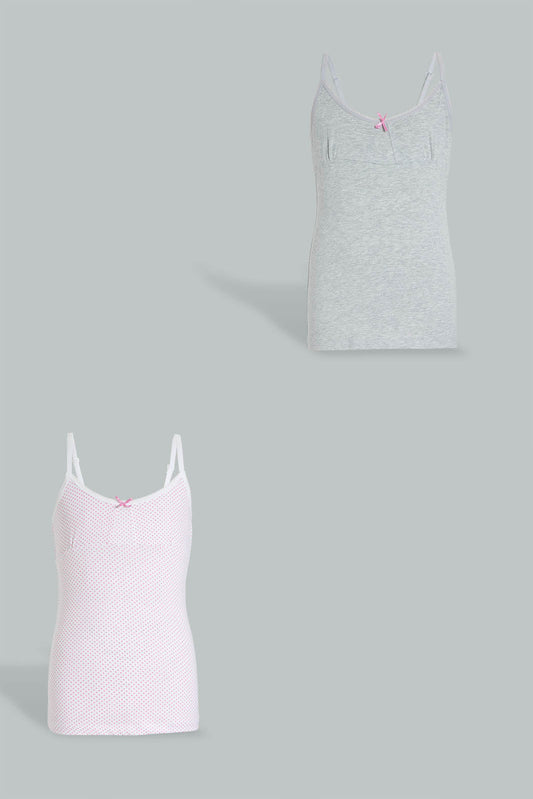 Redtag-Grey-Melange-X-White/Pink-Vest-(2Pack)-Vests-Senior-Girls-9 to 14 Years