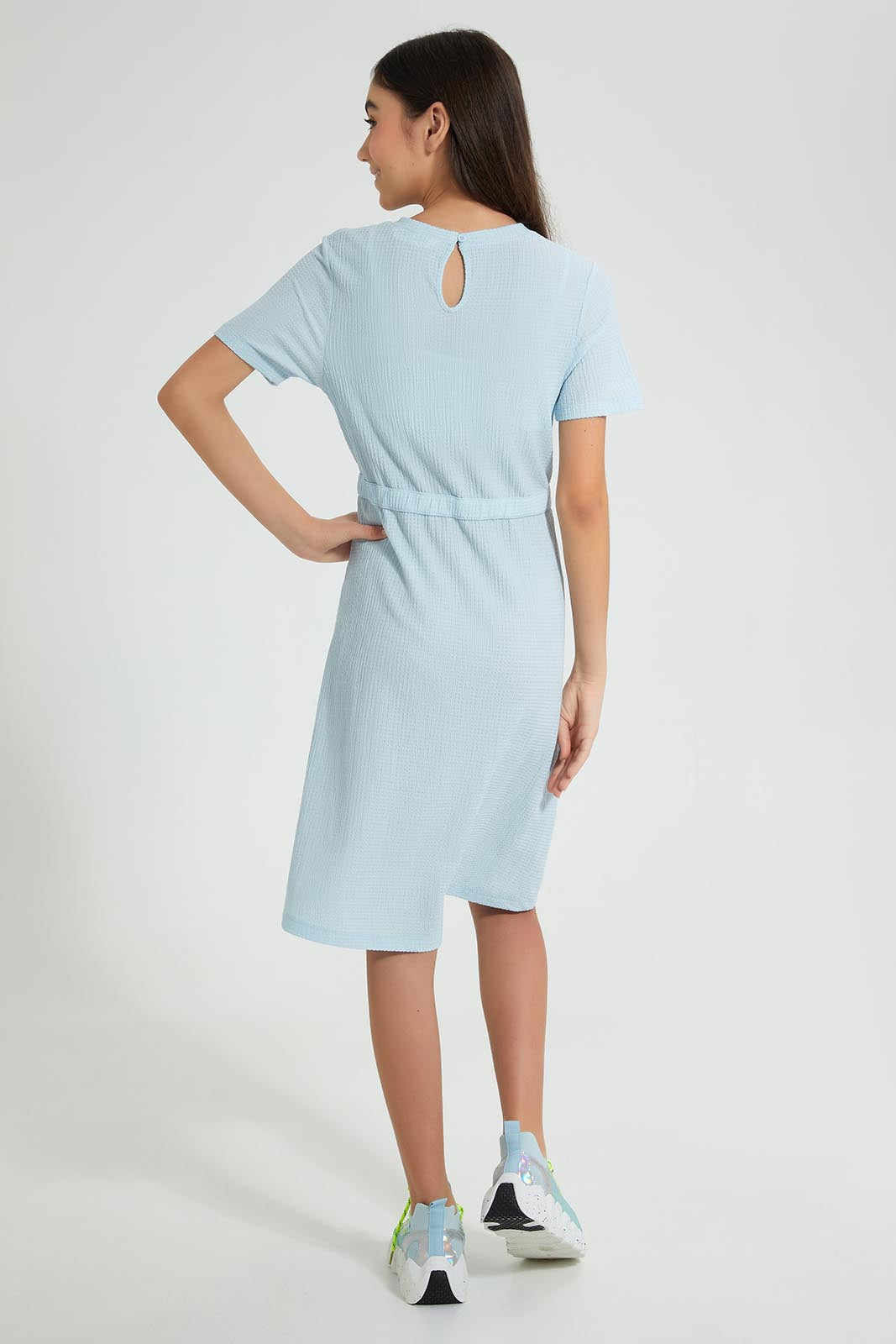 Redtag-Blue-Jacquard-Dress-Dresses-Senior-Girls-9 to 14 Years