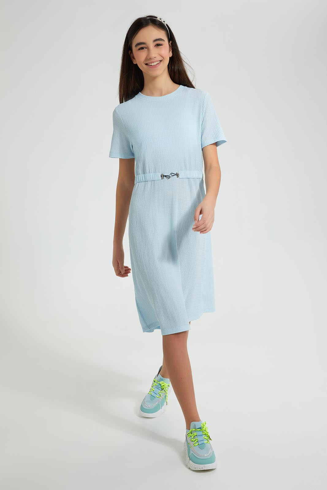 Redtag-Blue-Jacquard-Dress-Dresses-Senior-Girls-9 to 14 Years