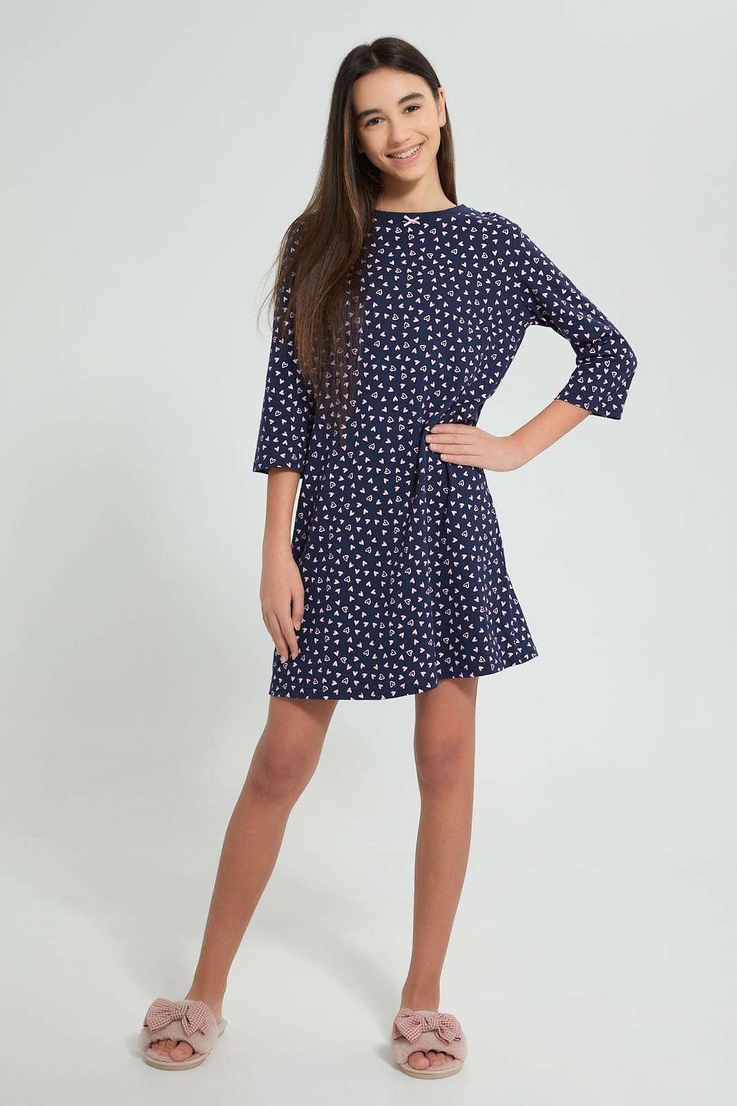 Redtag-Navy-Ditsy-Print-Nigth-Dress-Nightshirts-Senior-Girls-9 to 14 Years