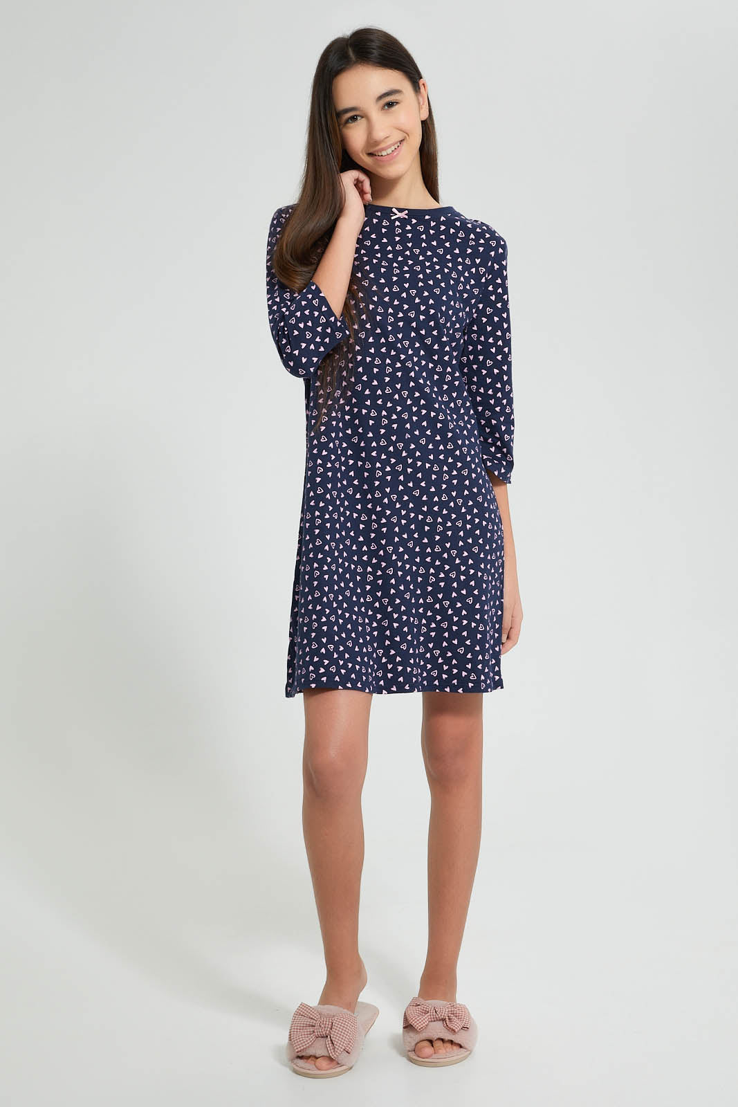 Redtag-Navy-Ditsy-Print-Nigth-Dress-Nightshirts-Senior-Girls-9 to 14 Years