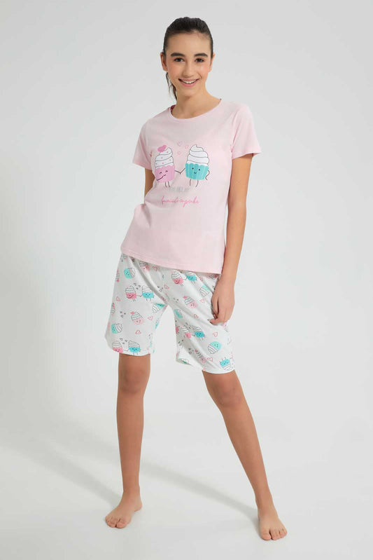 Redtag-Pink-Cupcake-Short-Sets-Pyjama-Sets-Senior-Girls-9 to 14 Years