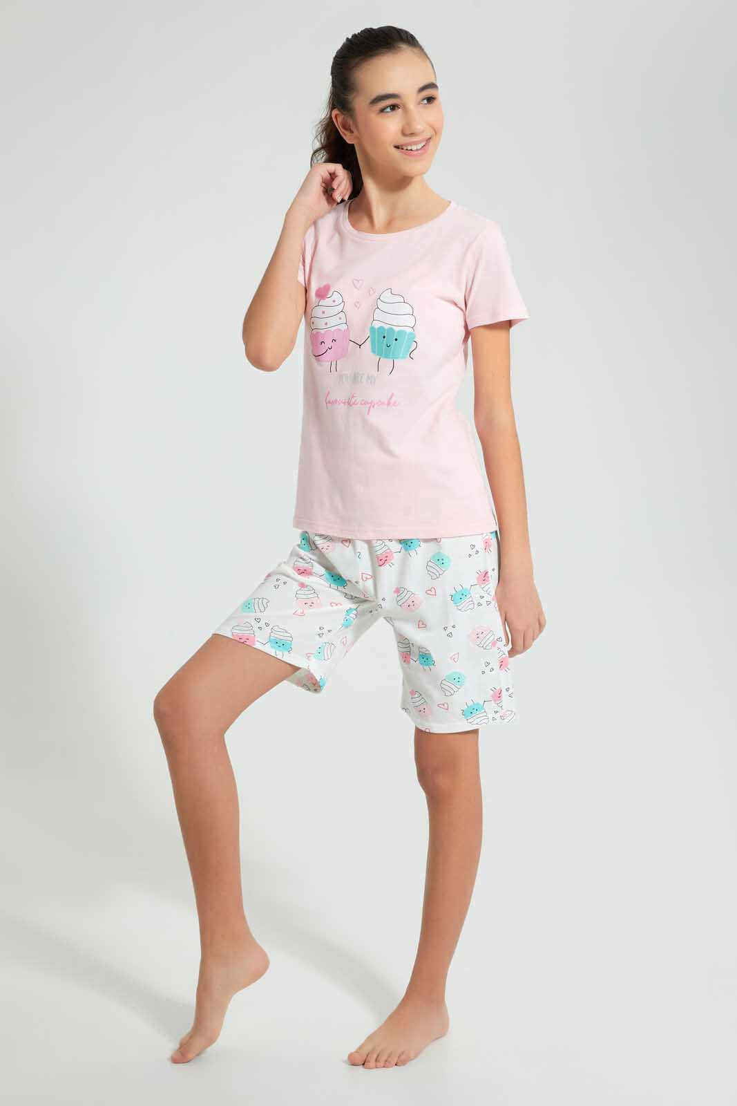 Redtag-Pink-Cupcake-Short-Sets-Pyjama-Sets-Senior-Girls-9 to 14 Years