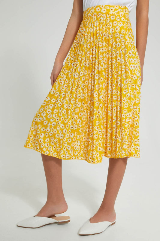 Redtag-Yellow-Floral-Pleated-Skirt-Skirts-Senior-Girls-9 to 14 Years