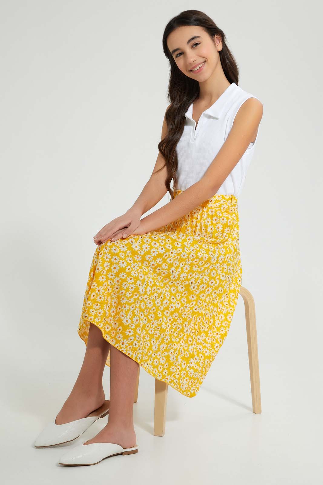 Redtag-Yellow-Floral-Pleated-Skirt-Skirts-Senior-Girls-9 to 14 Years