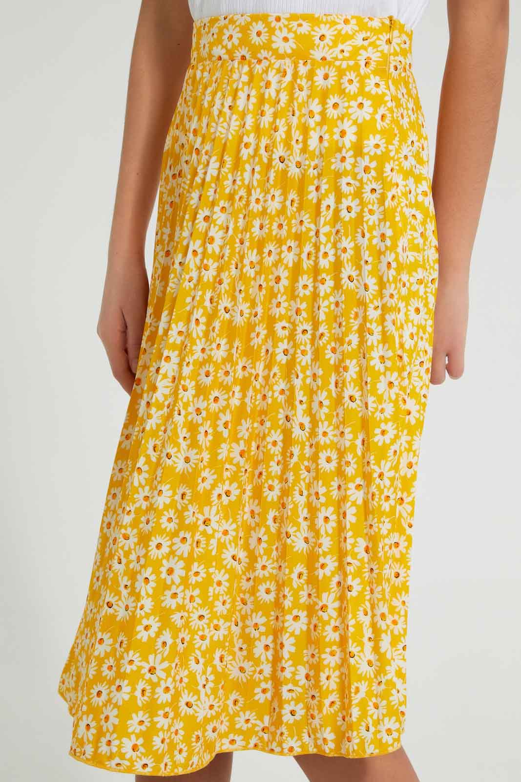 Redtag-Yellow-Floral-Pleated-Skirt-Skirts-Senior-Girls-9 to 14 Years