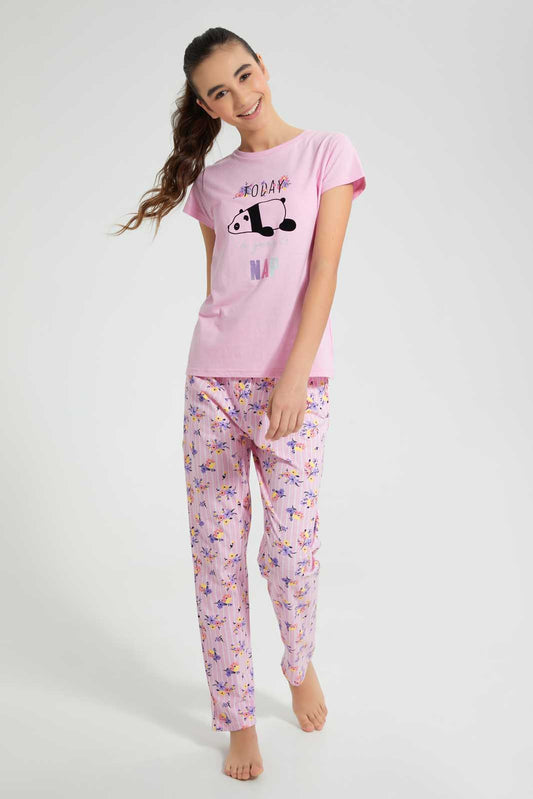 Redtag-Purple-Panda-Floral-Pajama-Sets-Pyjama-Sets-Senior-Girls-9 to 14 Years