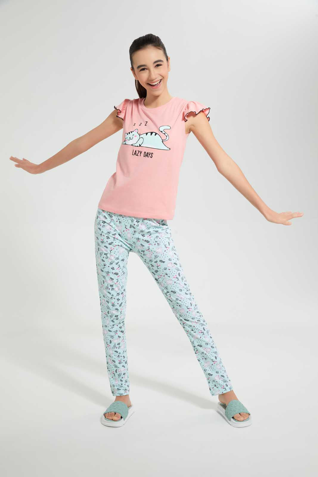 Pink And Blue Lazy Days Pajama Set (2 Piece)