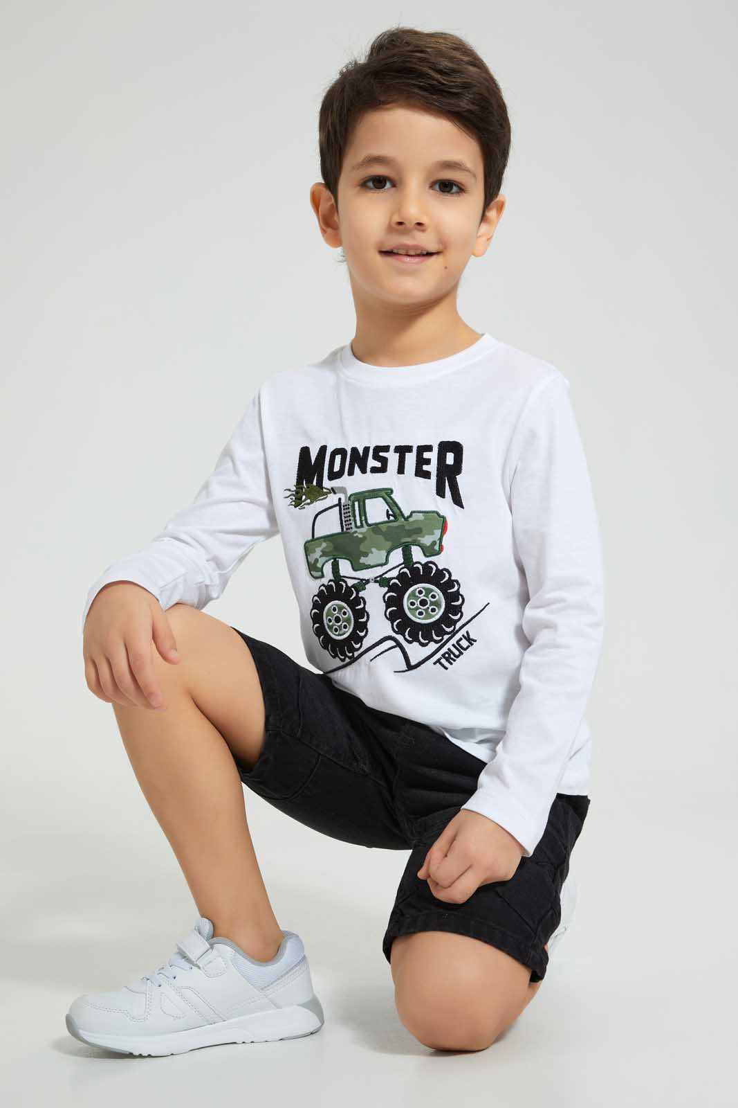 Redtag-White-Truck-Applique-Long-Sleeve-T-Shirt-All-Over-Prints-Boys-2 to 8 Years