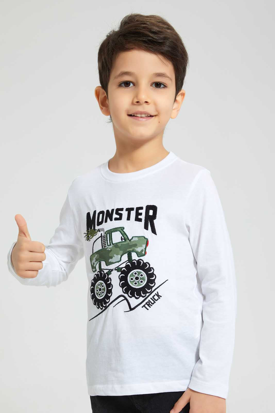 Redtag-White-Truck-Applique-Long-Sleeve-T-Shirt-All-Over-Prints-Boys-2 to 8 Years