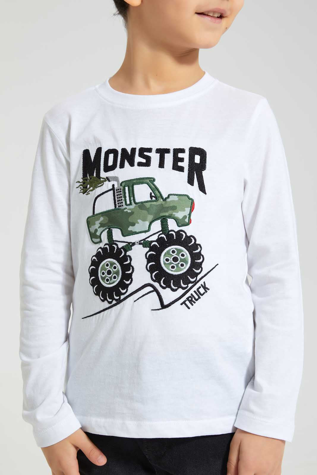 Redtag-White-Truck-Applique-Long-Sleeve-T-Shirt-All-Over-Prints-Boys-2 to 8 Years