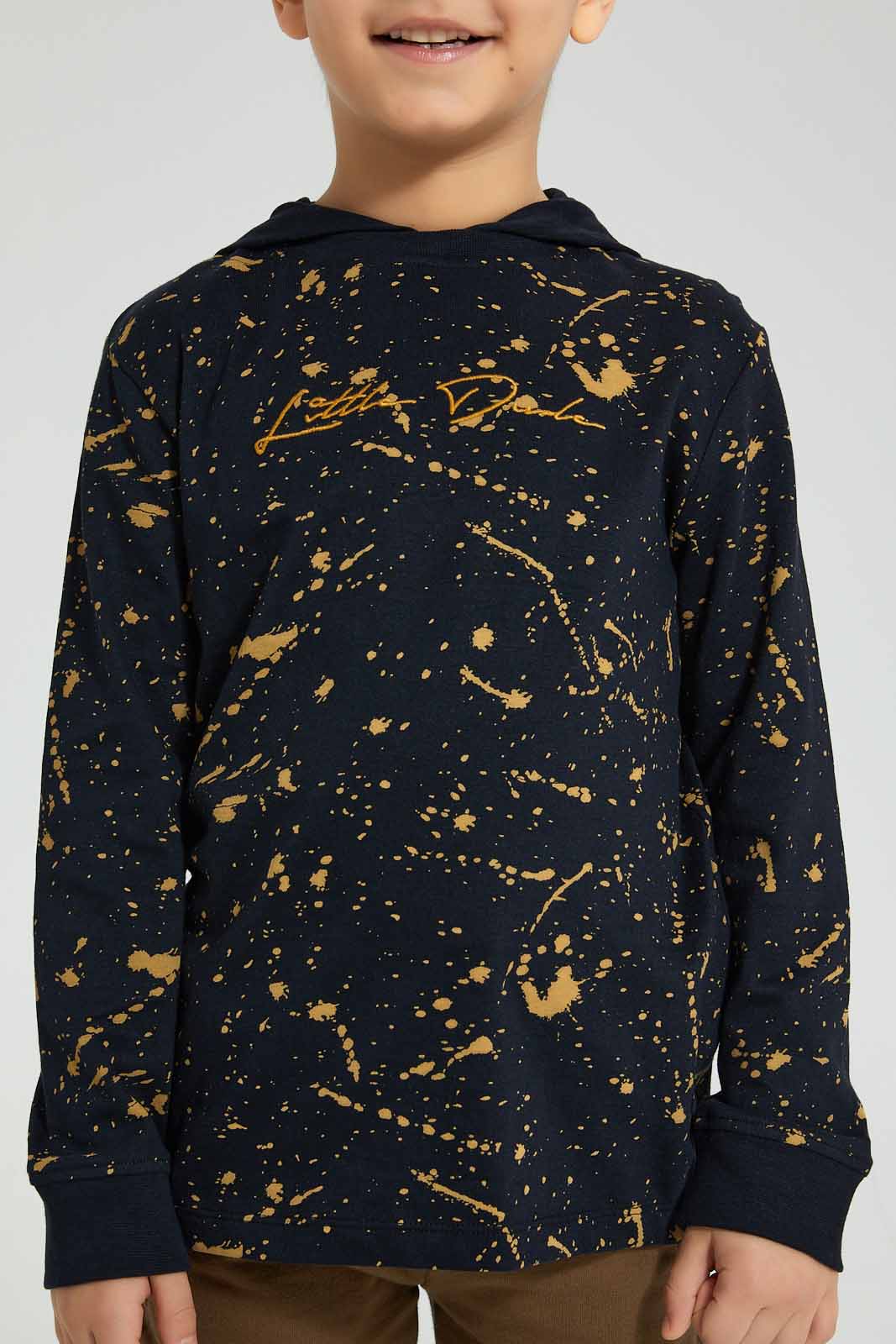 Redtag-Black-Splat-Print-Hooded-Long-Sleeve-T-Shirt-Boys-T-Shirts,-Colour:Black,-Filter:Boys-(2-to-8-Yrs),-New-In,-New-In-BOY,-Non-Sale,-S22A,-Section:Kidswear-Boys-2 to 8 Years