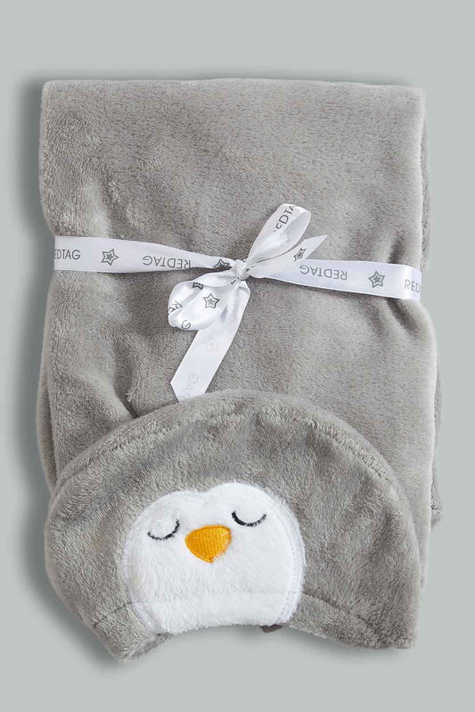 Redtag-Grey-Penguin-Hooded-Blanket-Baby-Blankets-Baby-0 to 12 Months