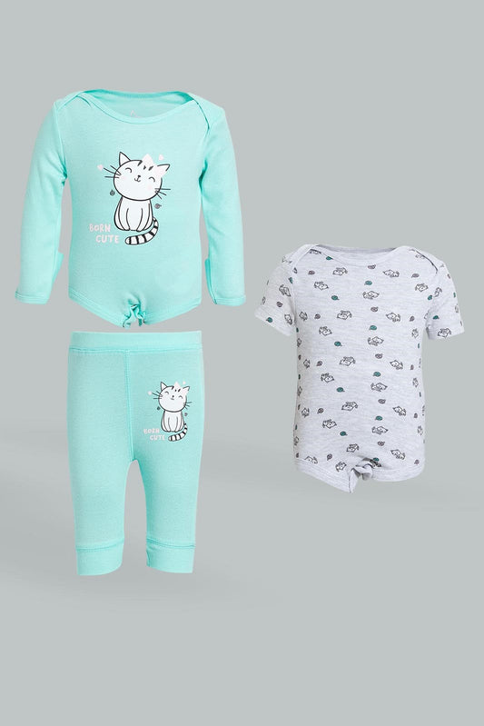 Mint And Grey Cat Print Gift Set (3 Piece)
