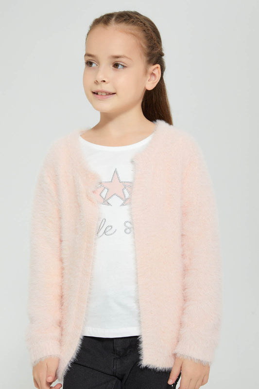 Redtag-Pink-Two-Piece-Cardigan-With-T-Shirt-Sets-Girls-2 to 8 Years
