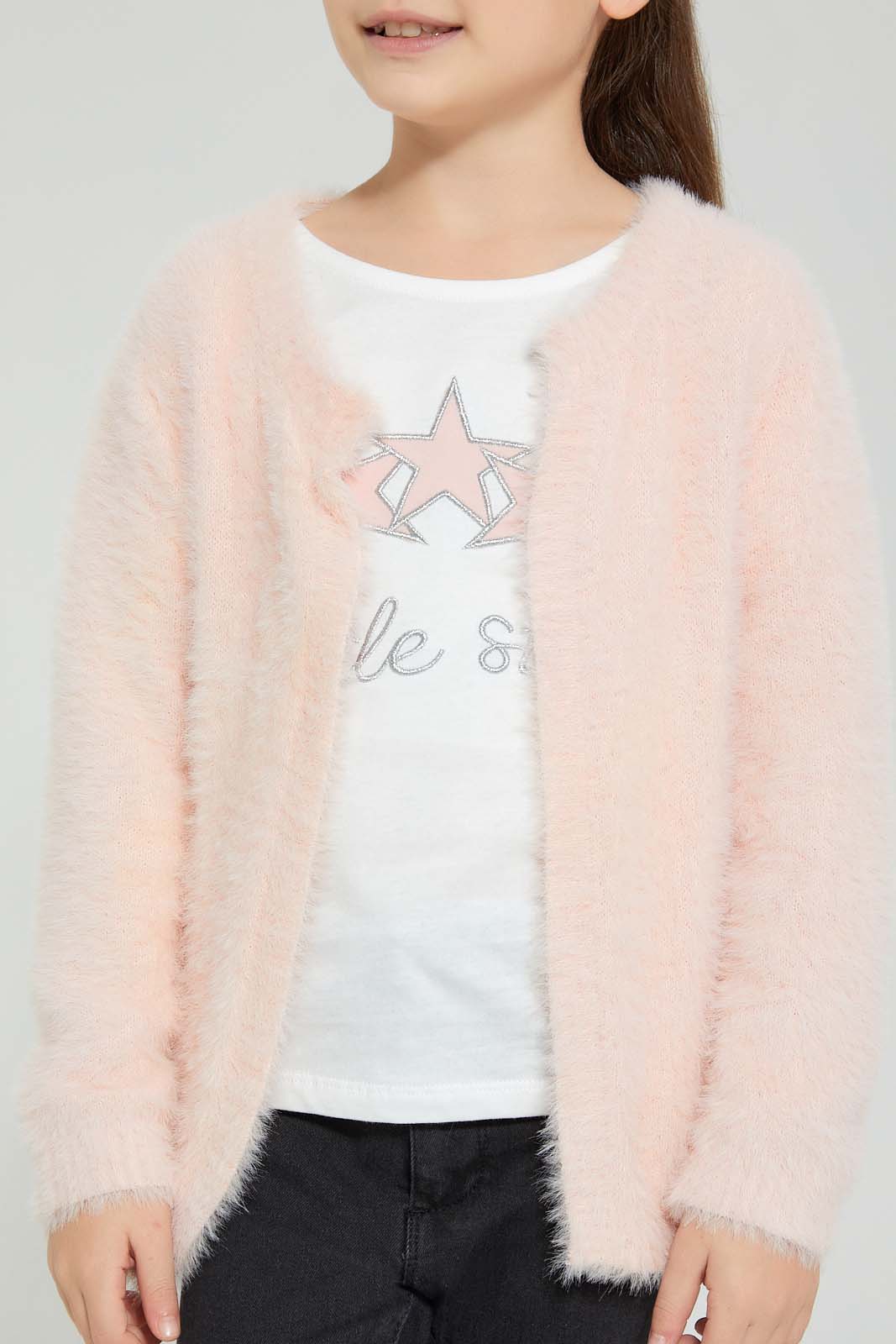 Redtag-Pink-Two-Piece-Cardigan-With-T-Shirt-Sets-Girls-2 to 8 Years