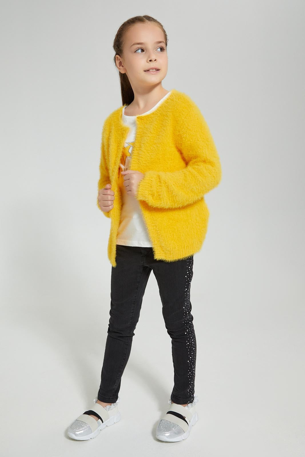 Redtag-Mustard-Two-Piece-Cardigan-With-T-Shirt-Sets-Girls-2 to 8 Years