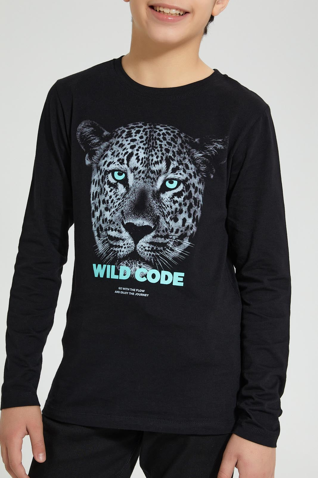 Redtag-Black-Cheetah-Face-Print-T-Shirt-Graphic-Prints-Senior-Boys-9 to 14 Years