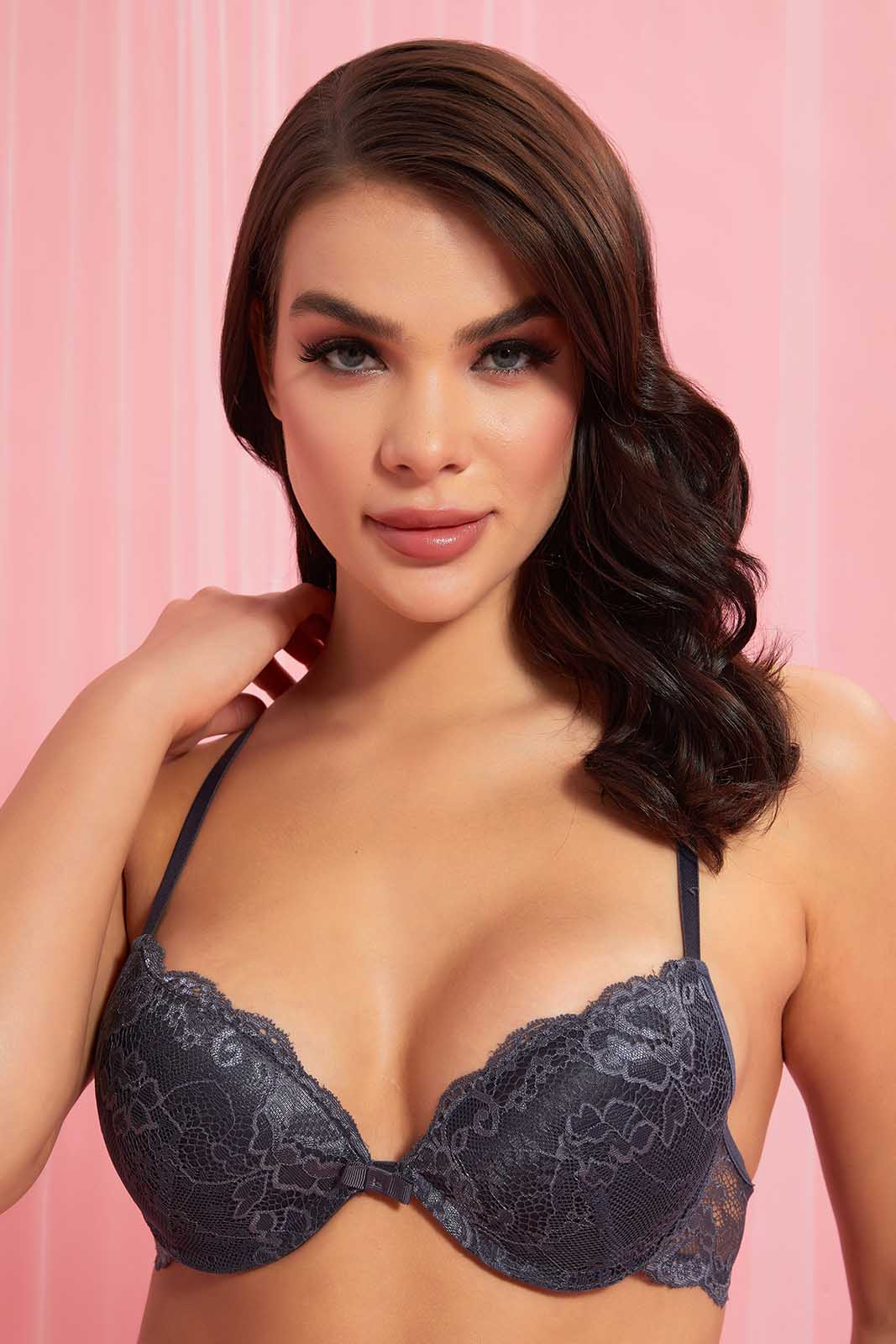 Redtag-Dark-Grey/Yellow/Ivory-Plain-Lace-Padded-T-Shirt-Bra-(3-Pack)-T-Shirt-Bras-Women's-