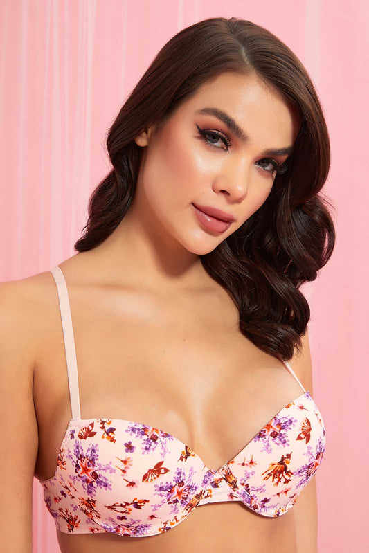 Redtag-Peach-Flloral-Printed/Lilac-Plain-Padded-Push-Up-Bra-(2-Pack)-Plunge-Bras-Women's-