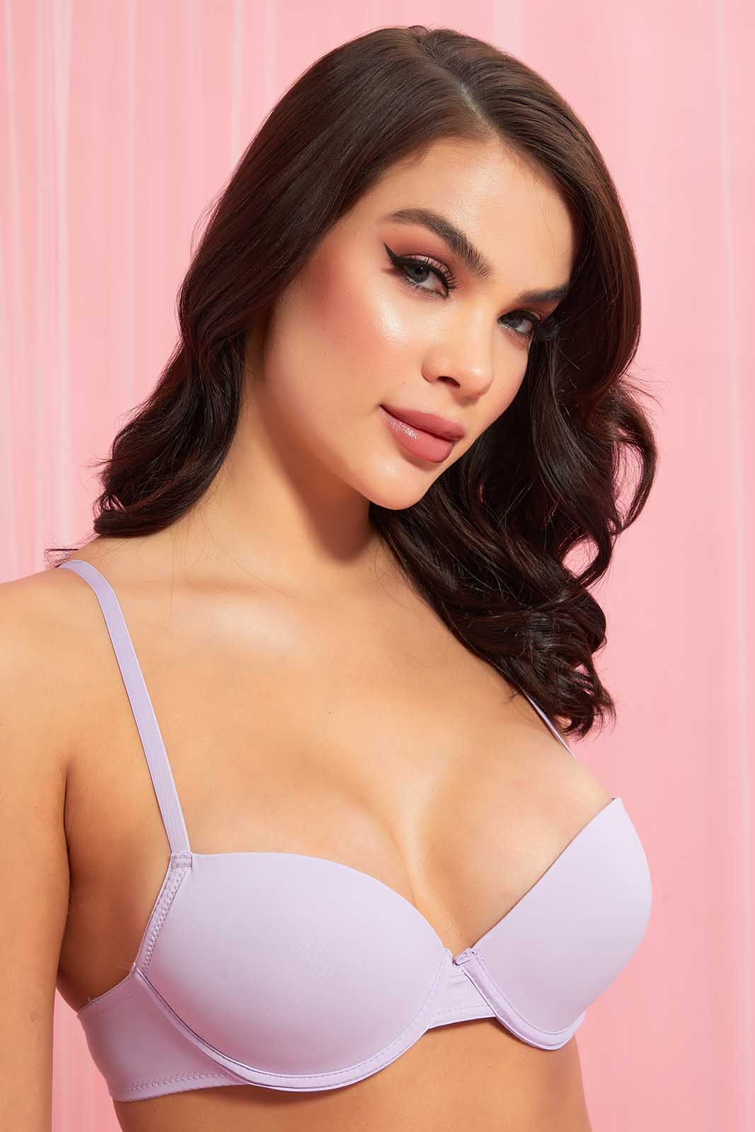 Redtag-Peach-Flloral-Printed/Lilac-Plain-Padded-Push-Up-Bra-(2-Pack)-Plunge-Bras-Women's-