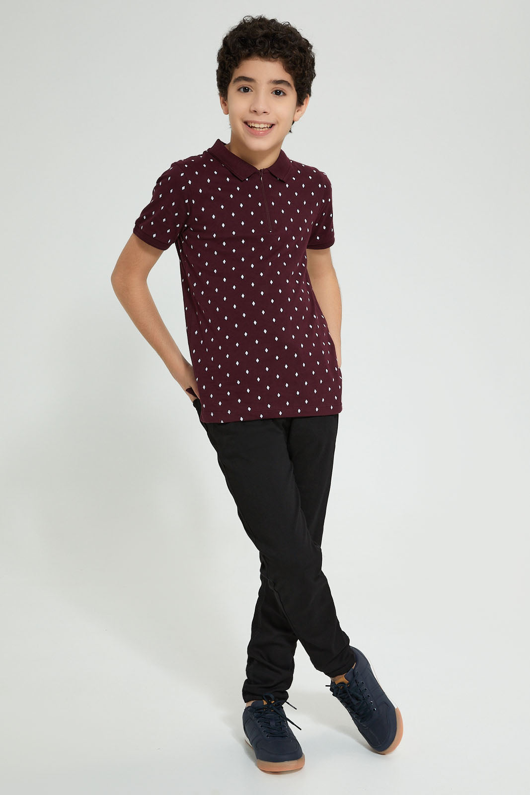 Redtag-Burgundy-Allover-Print-Polo-Polo-Shirts-Senior-Boys-9 to 14 Years