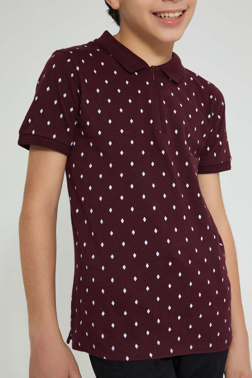 Redtag-Burgundy-Allover-Print-Polo-Polo-Shirts-Senior-Boys-9 to 14 Years