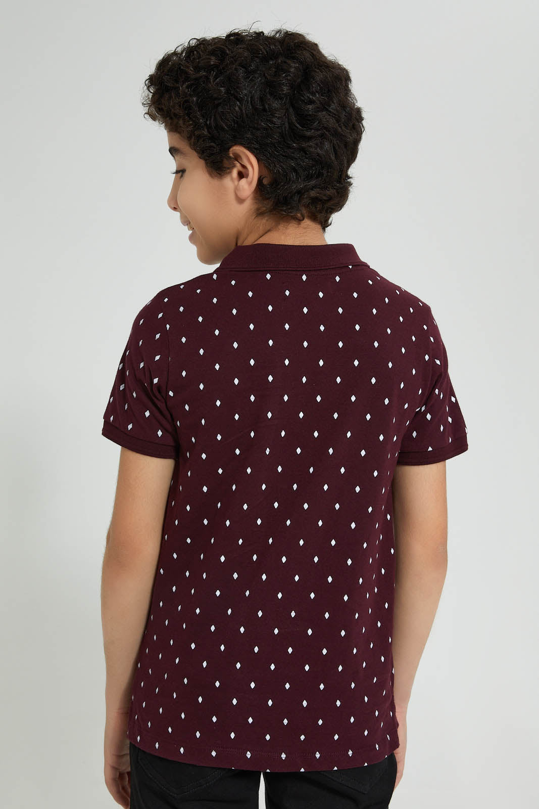 Redtag-Burgundy-Allover-Print-Polo-Polo-Shirts-Senior-Boys-9 to 14 Years