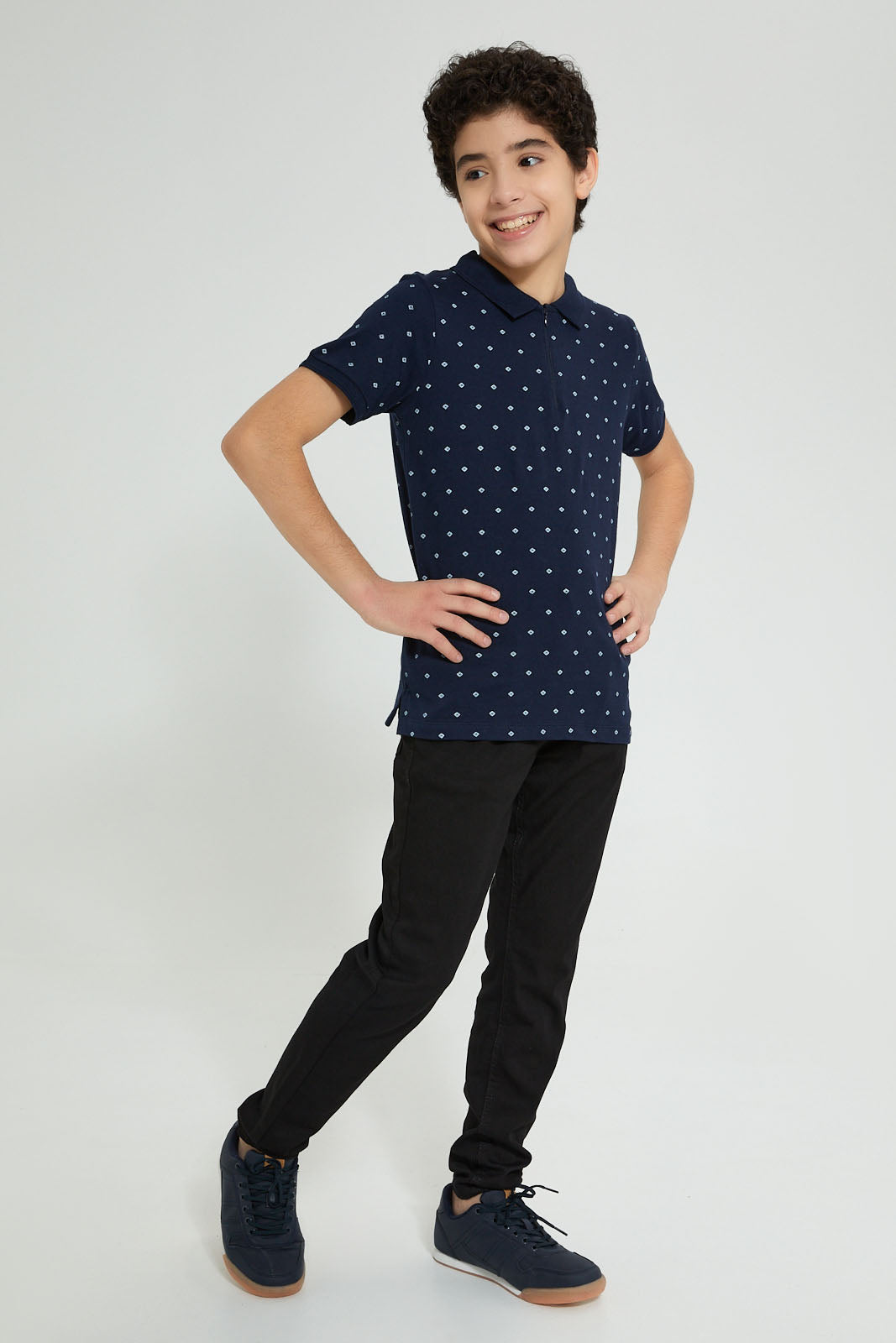 Redtag-Navy-Allover-Print-Polo-Polo-Shirts-Senior-Boys-9 to 14 Years
