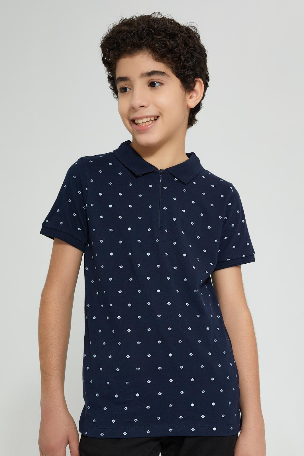 Redtag-Navy-Allover-Print-Polo-Polo-Shirts-Senior-Boys-9 to 14 Years