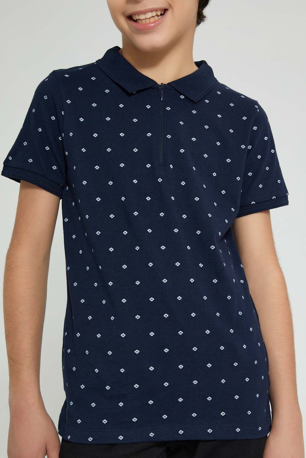 Redtag-Navy-Allover-Print-Polo-Polo-Shirts-Senior-Boys-9 to 14 Years