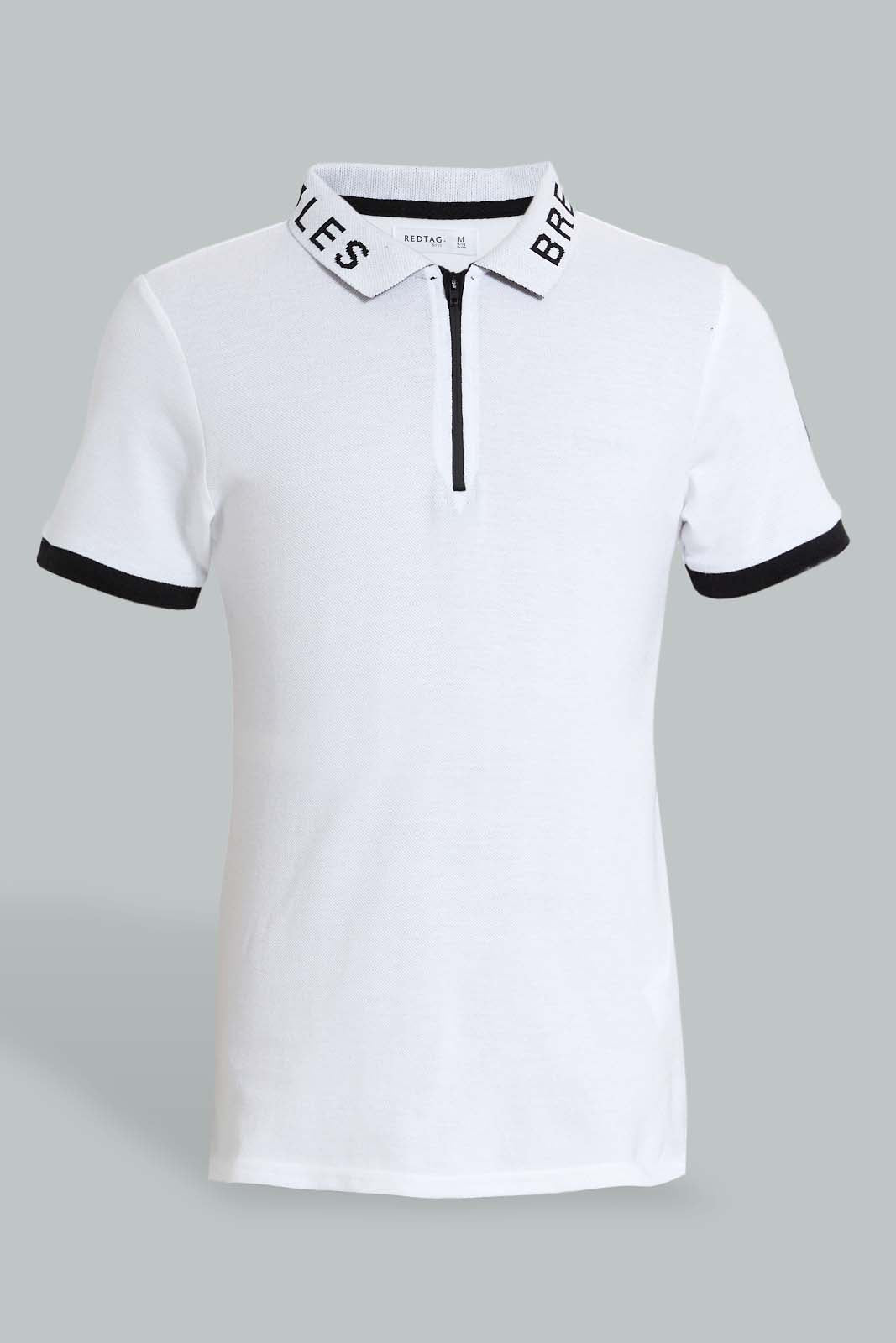 Redtag-White-Zip-Placket-Polo-Polo-Shirts-Senior-Boys-9 to 14 Years