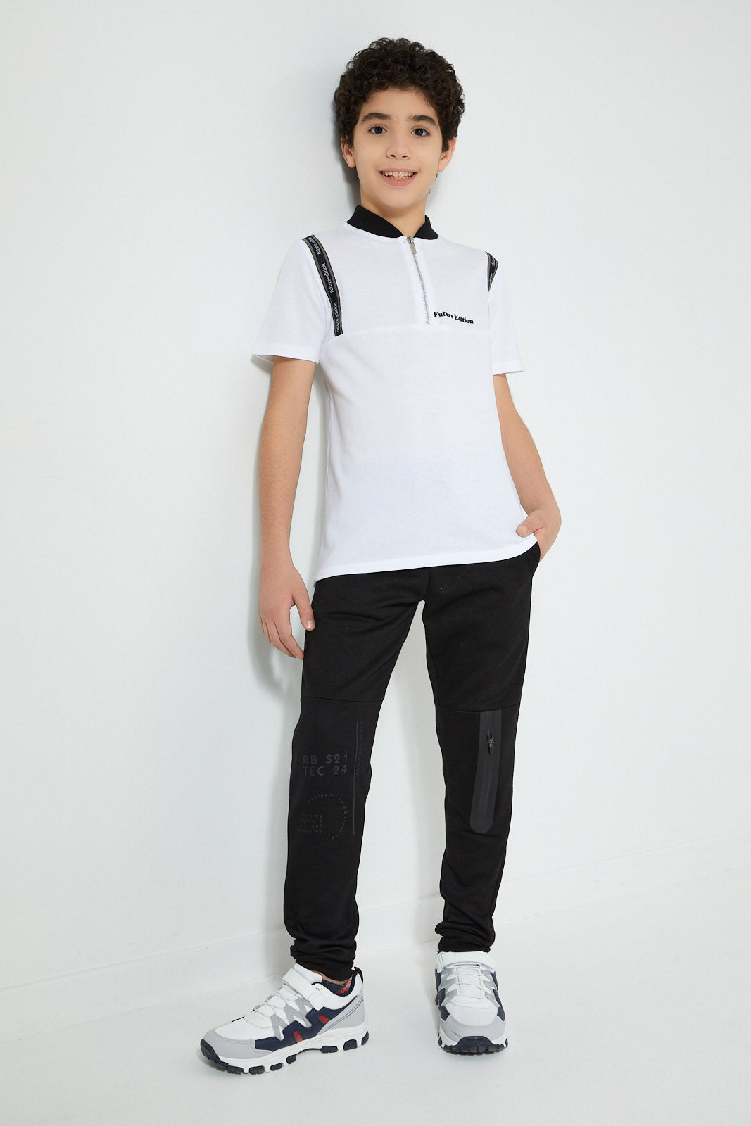 Redtag-White-Tape-On-Chest-Zip-Placket-Polo-Polo-Shirts-Senior-Boys-9 to 14 Years