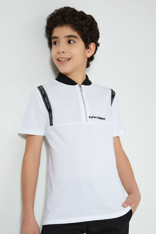 Redtag-White-Tape-On-Chest-Zip-Placket-Polo-Polo-Shirts-Senior-Boys-9 to 14 Years