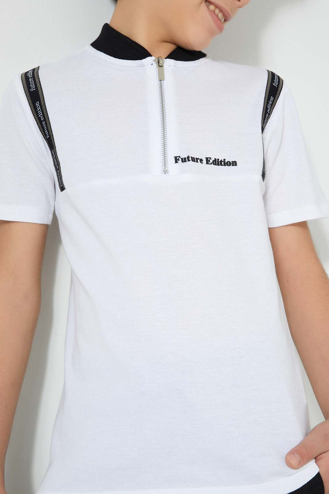 Redtag-White-Tape-On-Chest-Zip-Placket-Polo-Polo-Shirts-Senior-Boys-9 to 14 Years