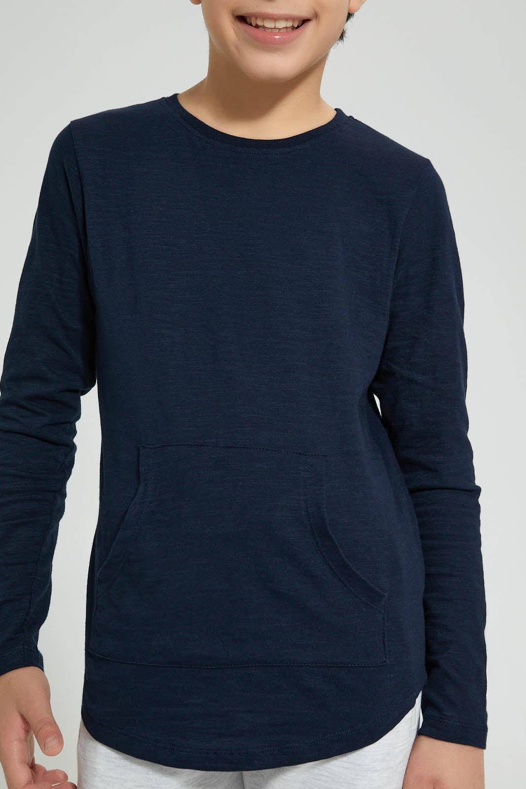 Redtag-Navy-Kangaroo-Pocket-T-Shirts-Plain-Senior-Boys-9 to 14 Years